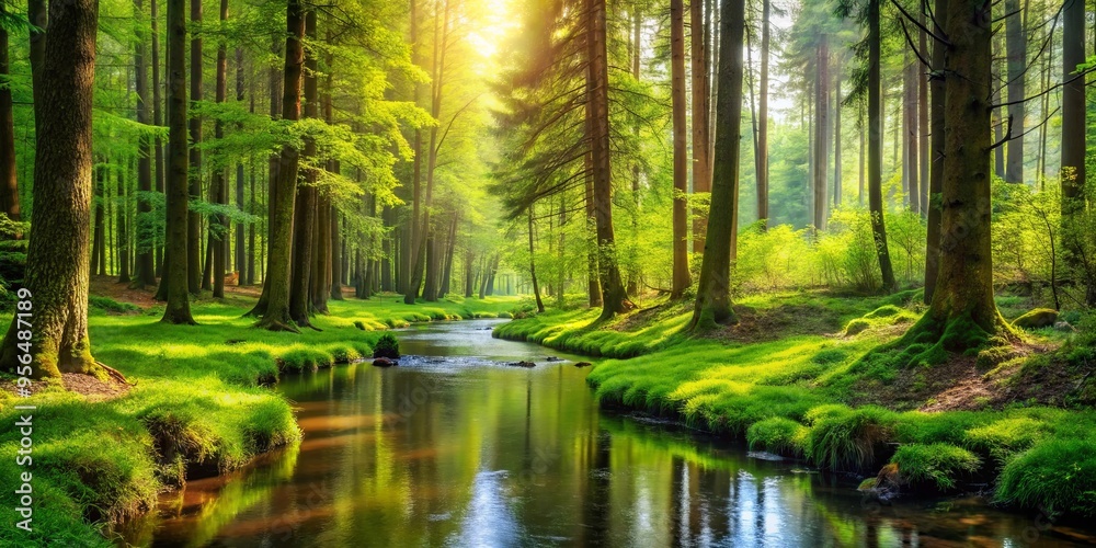 Fototapeta premium Tranquil forest scene with lush greenery, tall trees, and a gentle stream flowing through the peaceful landscape