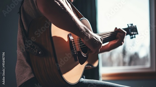 A man plays an acoustic guitar near a window.