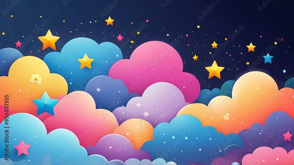 dazzling stars and fluffy clouds set against a colorful sky dazzling stars and fluffy clouds set against a colorful sky