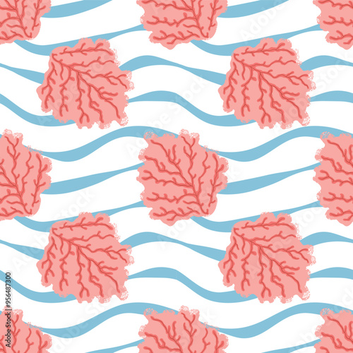 Coral underwater on wavy stripes seamless pattern design