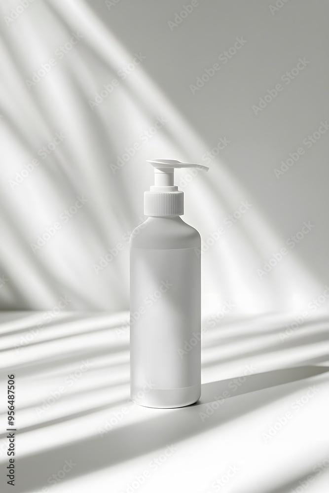 White pump bottle with sun shadow, minimalist product mock-up.