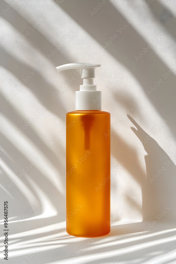 Amber glass bottle with pump dispenser on a white surface with shadows. Amber glass bottle with pump dispenser on a white surface with shadows.