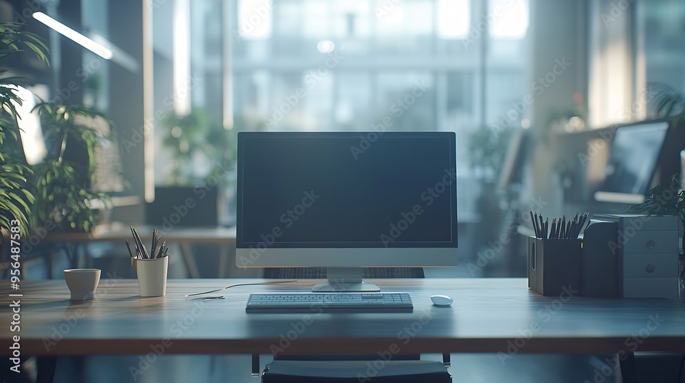 Empty office computer and business interior on desk company furniture and workspace Vacant workplace corporate setup and technology on table professional design and detail at modern ag : Generative AI
