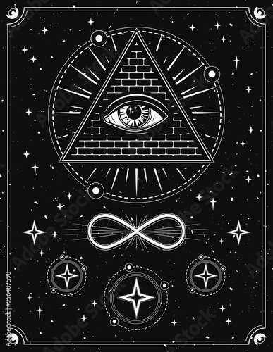 Poster with with all seeing eye, eye of providence in pyramid, infinity sign. Concept of harmony of universe, wisdom, secret knowledge, extended mind. Mystical boho illustration in vintage style.