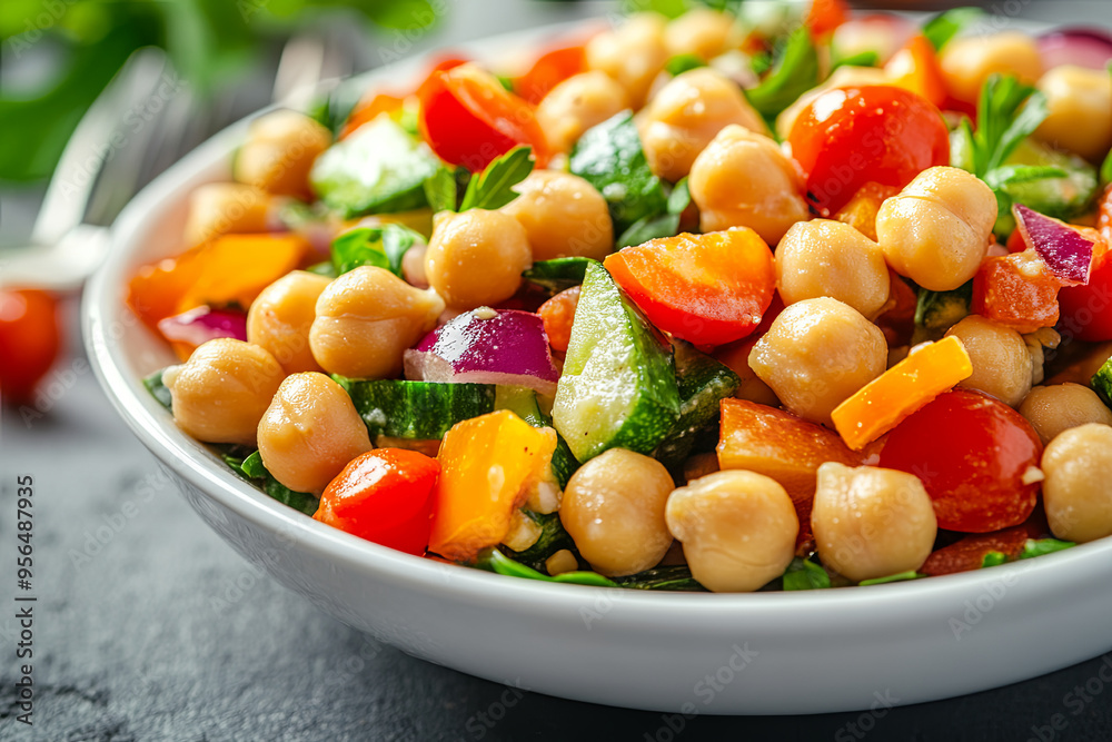 Healthy homemade chickpea and veggies salad, diet, vegetarian, vegan food, vitamin snack
Healthy homemade chickpea and veggies salad, diet, vegetarian, vegan food, vitamin snack