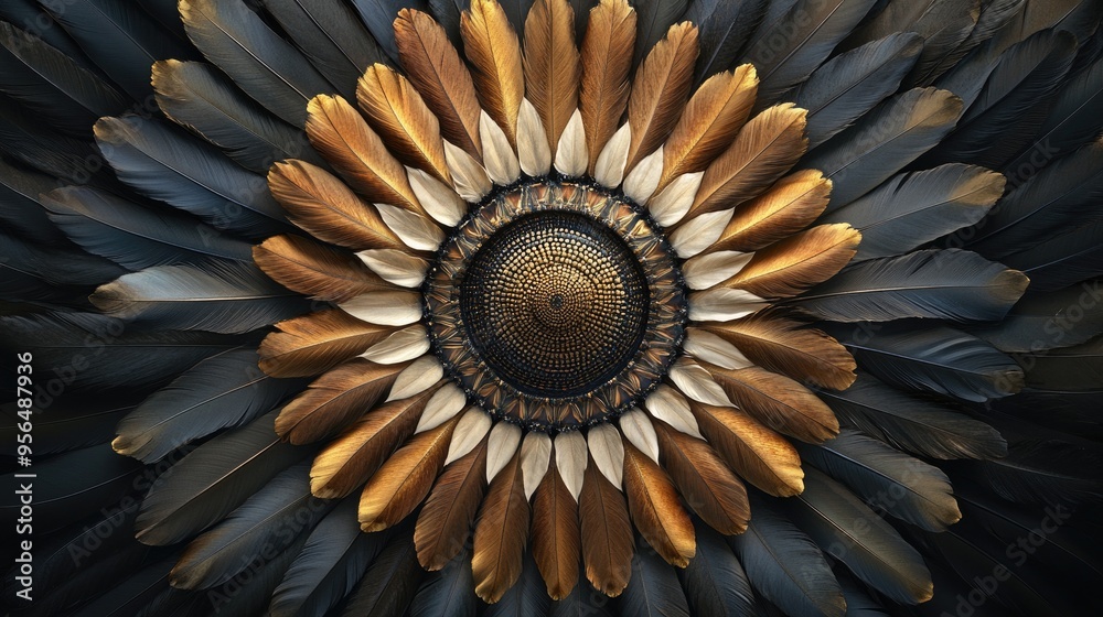 An intricate mandala made of feathers, with each one meticulously placed in a circular pattern An intricate mandala made of feathers, with each one meticulously placed in a circular pattern