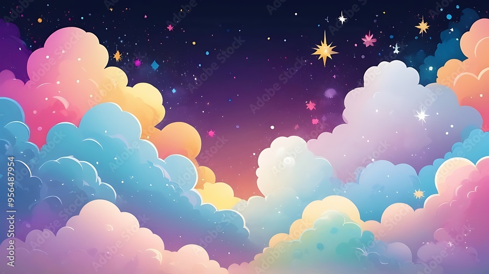 dazzling stars and fluffy clouds set against a colorful sky dazzling stars and fluffy clouds set against a colorful sky