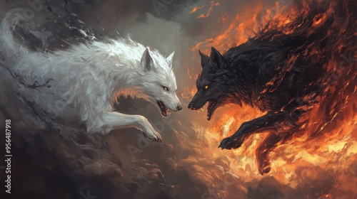A powerful duel between a white wolf and a black wolf, representing the forces of good and evil, with plenty of space for messaging.