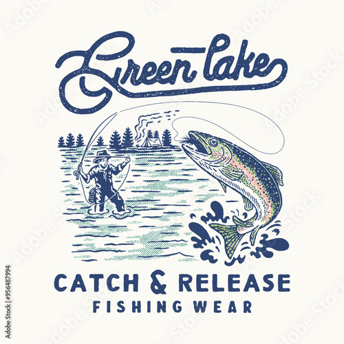 fishing illustration trout graphic camp design lake vintage catch emblem outdoor
