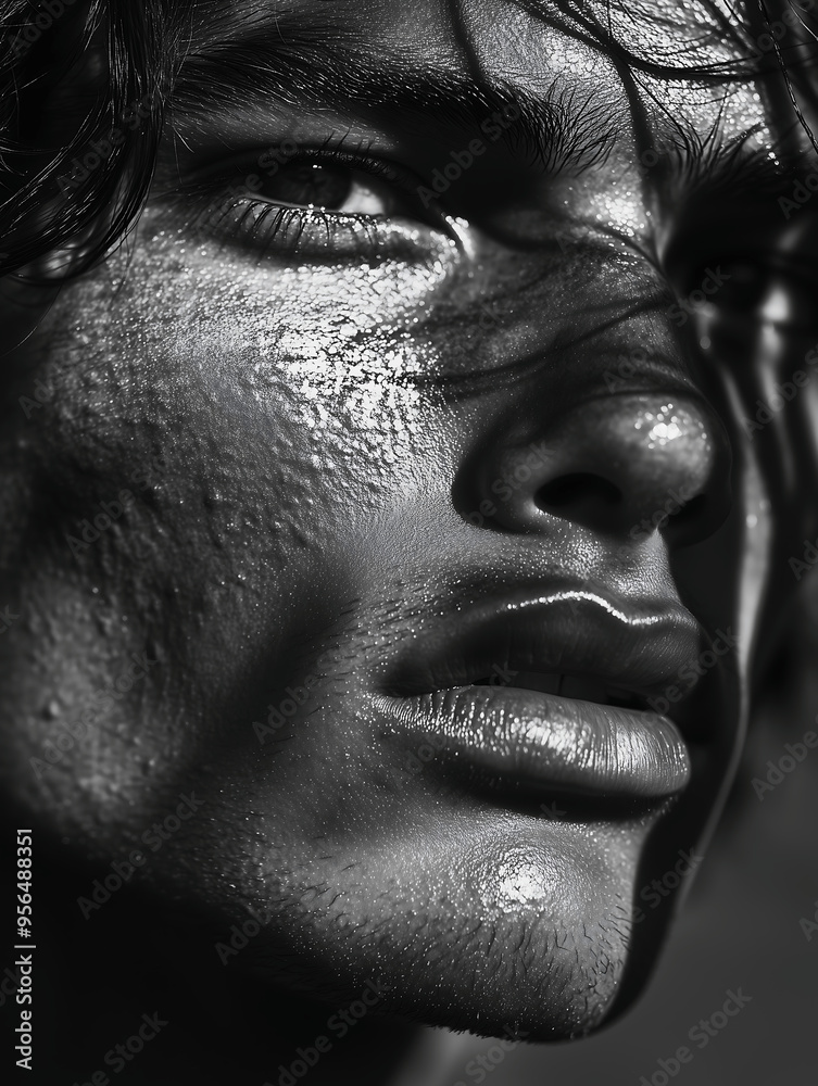 Dramatic Black and White Close-Up Portrait Highlighting Textured Skin and Intense Expression Dramatic Black and White Close-Up Portrait Highlighting Textured Skin and Intense Expression