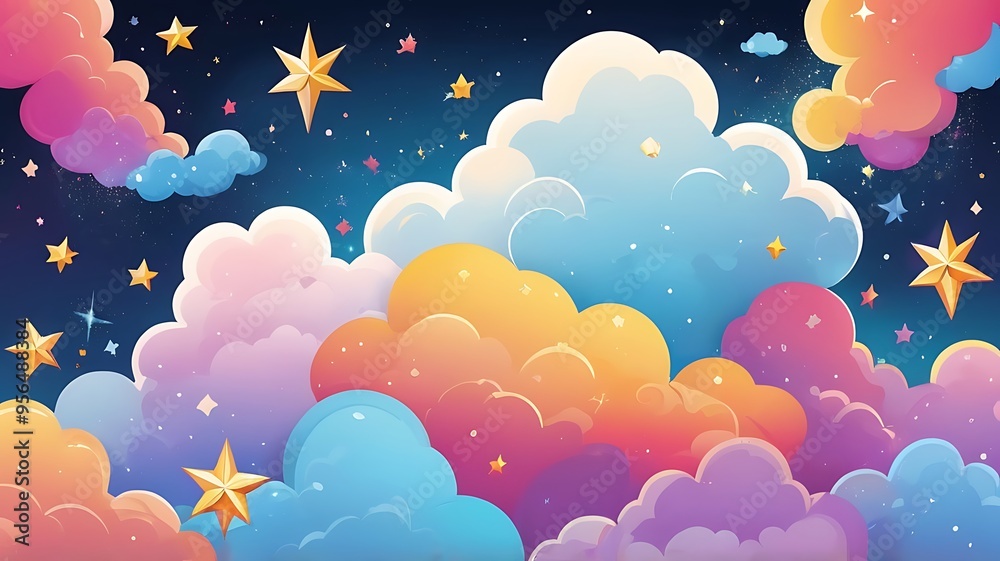 Obraz premium dazzling stars and fluffy clouds set against a colorful sky