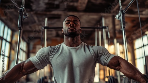 A muscular black man is lifting weights in the gym.