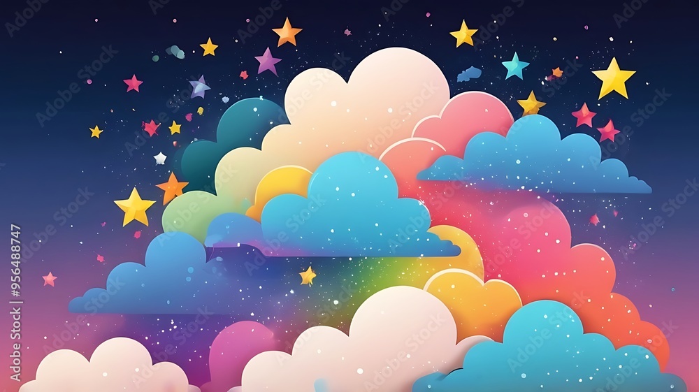 dazzling stars and fluffy clouds set against a colorful sky dazzling stars and fluffy clouds set against a colorful sky