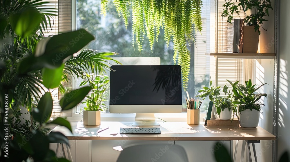 Fototapeta premium A clean and bright home office with a computer monitor, potted plants, and a window with blinds.