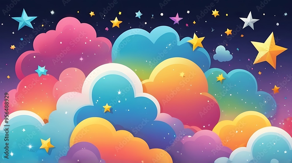 dazzling stars and fluffy clouds set against a colorful sky dazzling stars and fluffy clouds set against a colorful sky