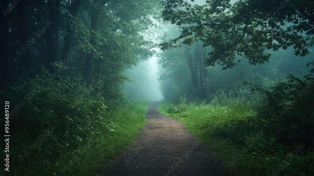 Fototapeta premium A mystical forest path, dark and green, shrouded in fog and morning dew. The mysterious trail invites exploration, with copy space for text.