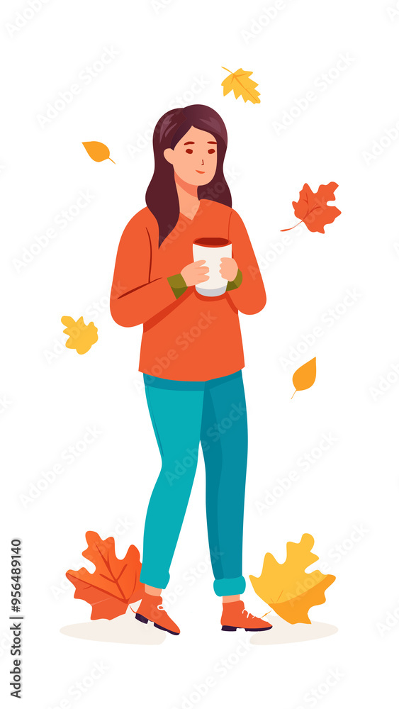 A woman holds a glass of coffee in her hand on a walk, a girl holds a cup of coffee on an autumn background, print design, logo, poster, sticker, wallpaper, banner, postcard, advertisement A woman holds a glass of coffee in her hand on a walk, a girl holds a cup of coffee on an autumn background, print design, logo, poster, sticker, wallpaper, banner, postcard, advertisement
