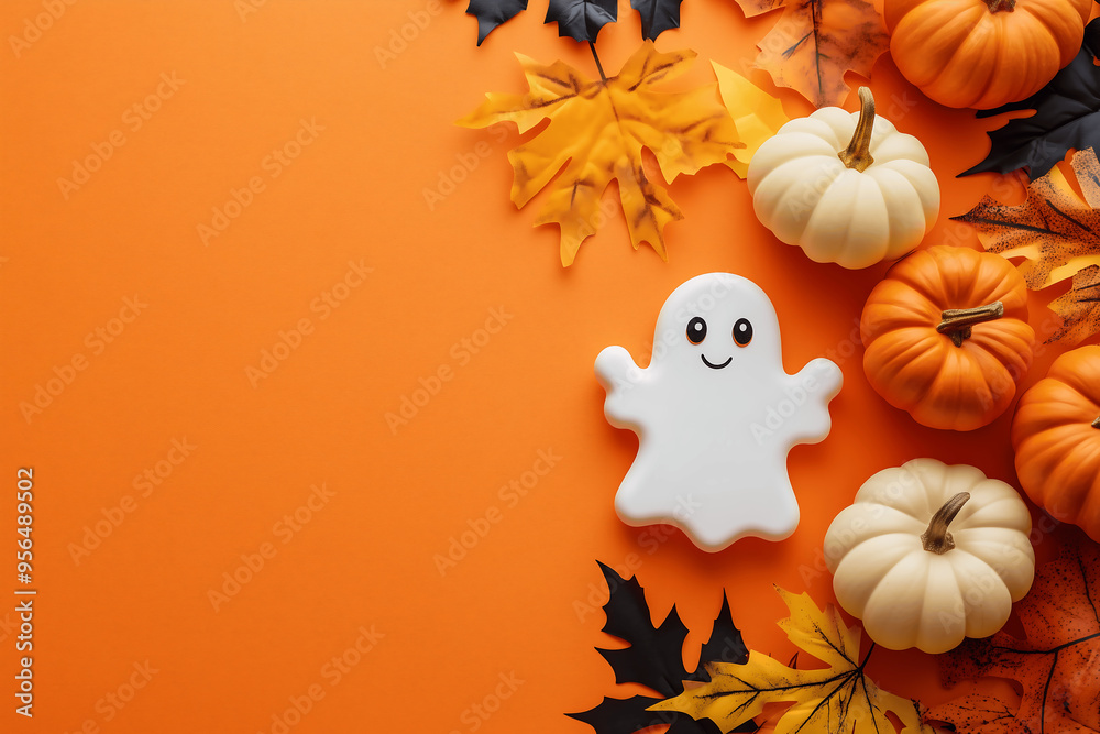 Halloween autumn background with copy space. Ghost, pumpkins, and leaves Halloween autumn background with copy space. Ghost, pumpkins, and leaves