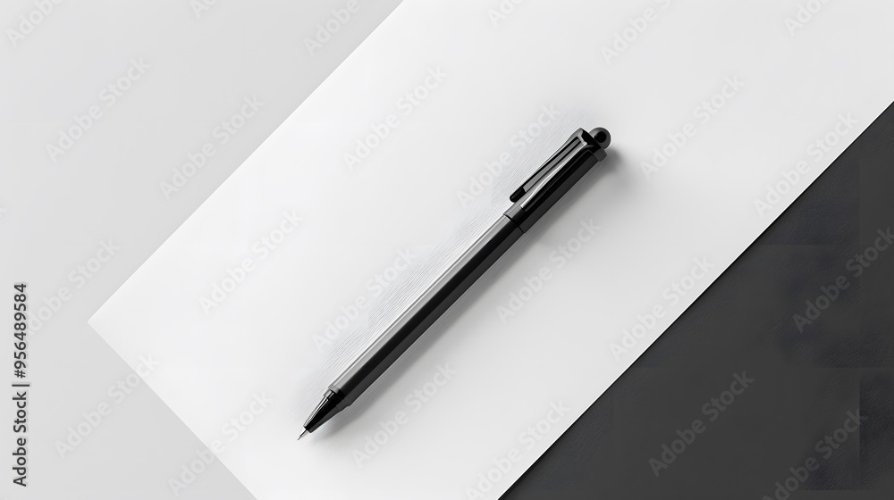 A black pen lying on a white surface, ready to write. A black pen lying on a white surface, ready to write.