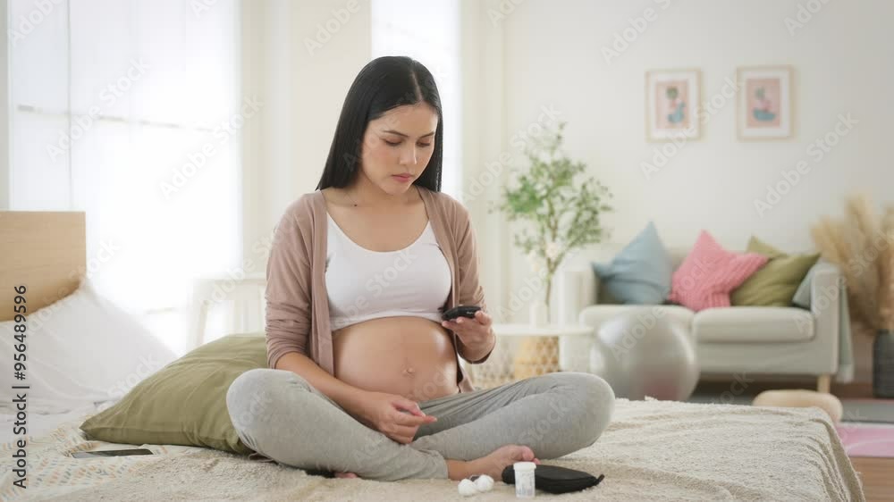 Pregnant woman checking blood sugar level by using Digital Glucose meter Pregnant woman checking blood sugar level by using Digital Glucose meter