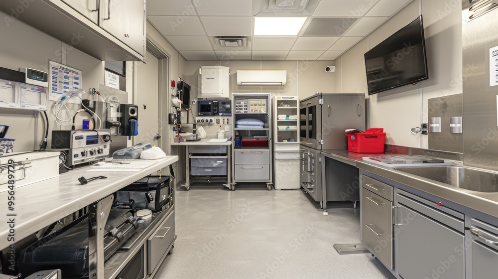 Modern, sterile medical laboratory with advanced equipment and organized workspace for healthcare research and diagnostics. Modern, sterile medical laboratory with advanced equipment and organized workspace for healthcare research and diagnostics.