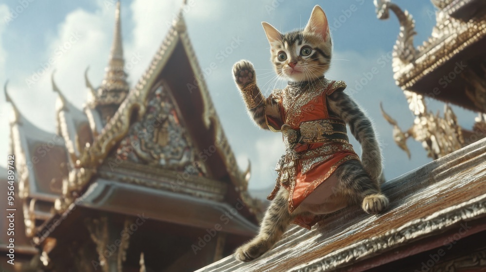 Fototapeta premium A playful kitten in a traditional Thai warrior outfit stands on its hind legs on the roof of an ornate Thai church, exuding charm.