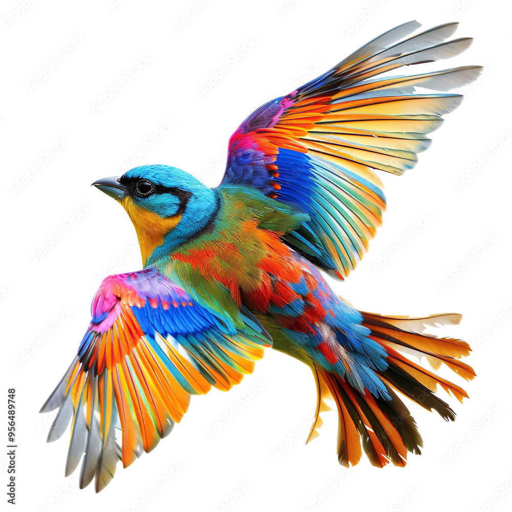 Fototapeta premium Bright beautiful bird flying on transparent background PNG