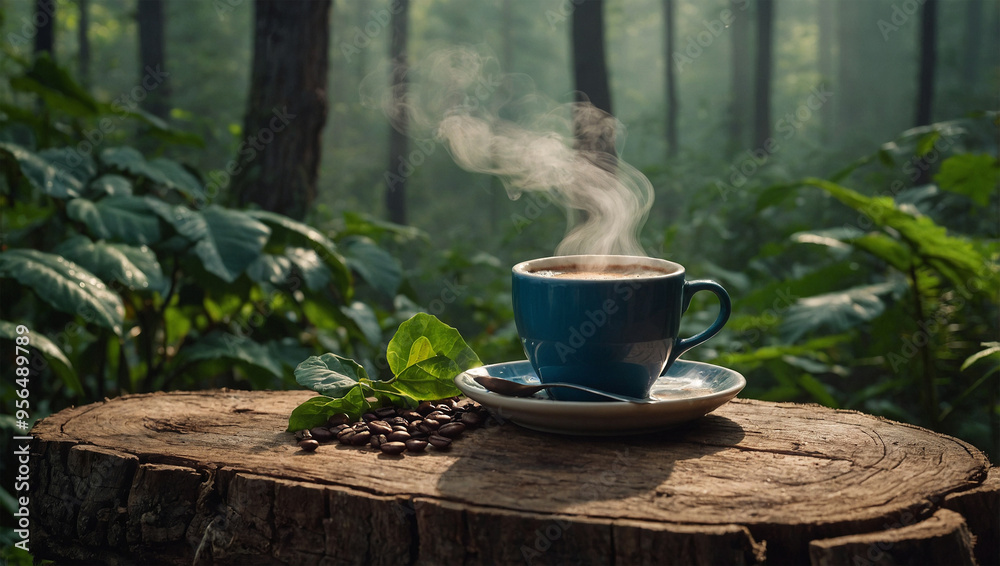 Steaming cup of coffee on a wooden stump, surrounded by dense forest greenery and morning mist. Steaming cup of coffee on a wooden stump, surrounded by dense forest greenery and morning mist.