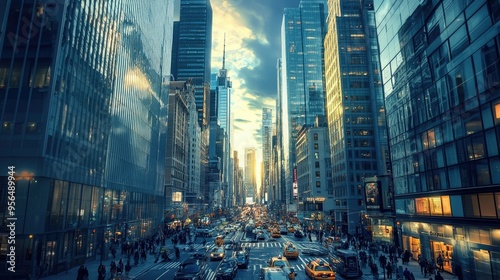 A bustling city street with tall skyscrapers and a busy flow of traffic. The sun is setting, casting a warm glow over the scene.