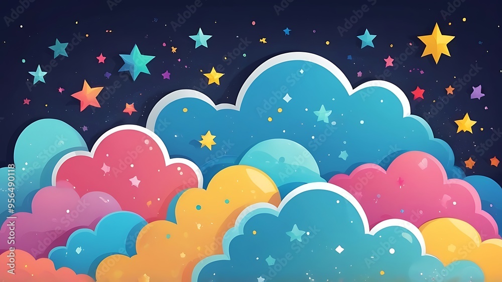 dazzling stars and fluffy clouds set against a colorful sky