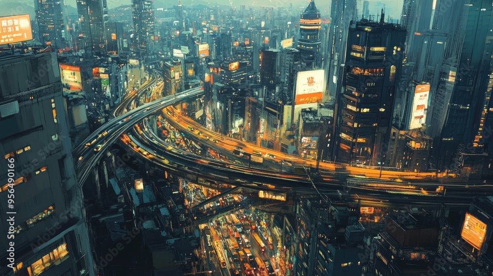 A vibrant cityscape at night, with glowing lights and a complex network of roads. A vibrant cityscape at night, with glowing lights and a complex network of roads.