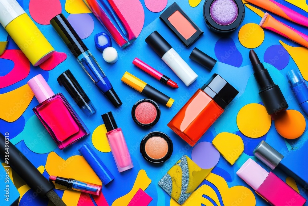 A vibrant arrangement of cosmetic products on a colorful background. A vibrant arrangement of cosmetic products on a colorful background.