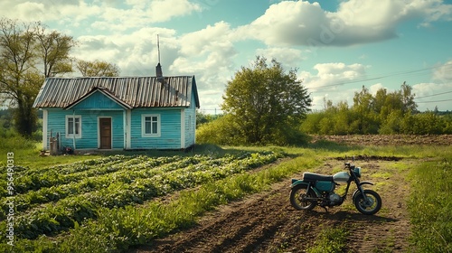 A rural house and a plot of land near the house plowed by a motor cultivator The concept of a dacha a private house growing vegetables for your own needs A man with a motorcycle cultiv : Generative AI photo