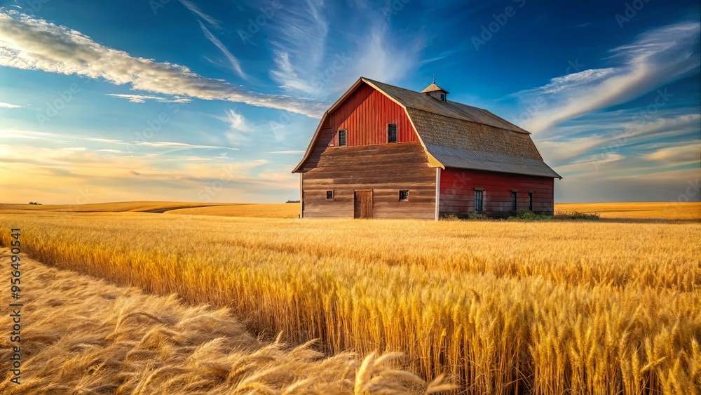 Rustic barn in a golden wheat field during harvest season Rustic barn in a golden wheat field during harvest season