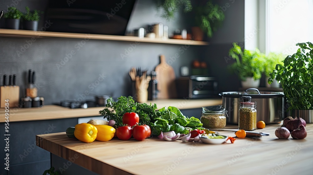 Fresh ingredients like tomatoes, peppers, and onions laid out on a kitchen counter. Fresh ingredients like tomatoes, peppers, and onions laid out on a kitchen counter.
