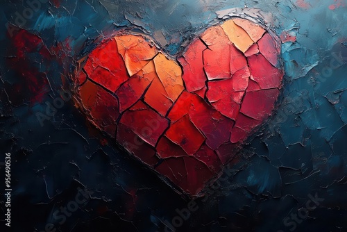 abstract depiction of heartbreak using shattered glass heart vibrant red and deep blue hues swirl around fragmented pieces conveying raw emotion and inner turmoil photo