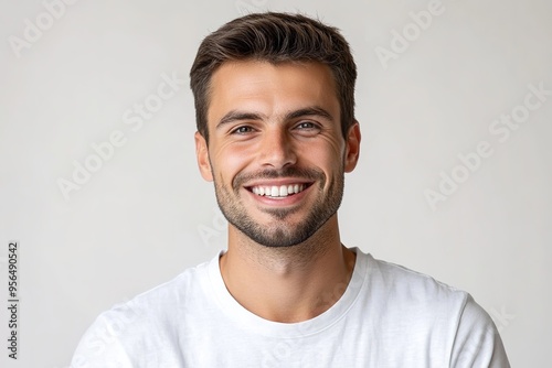 Smiling man with white shirt and stubble on beige background