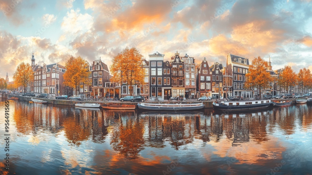 Fototapeta premium Panoramic autumn view of Amsterdam city. Famous Dutch channels and great cityscape. Colorful morning scene of Netherlands, Europe. Traveling concept background. 