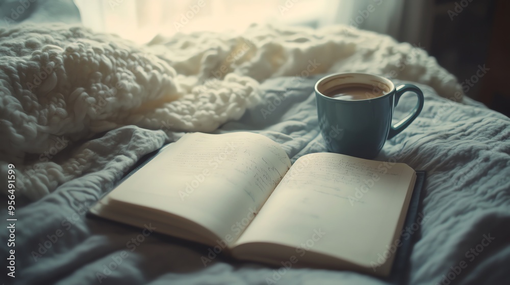 A cozy bed scene with a book, a cup of coffee, and soft blankets. A cozy bed scene with a book, a cup of coffee, and soft blankets.