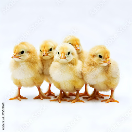 A group of fluffy yellow chicks clustered together on a white background. photo