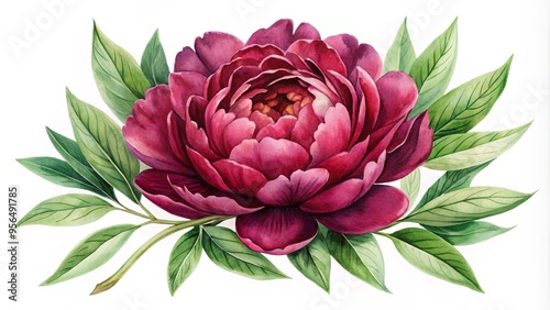 Fototapeta Naklejka Na Ścianę i Meble -  Watercolor burgundy peony clipart perfect for graphic design projects