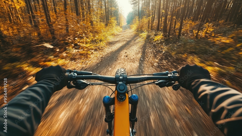 A first-person view of a cyclist riding through a forest path. The sunlight filters through the trees, creating a warm and inviting atmosphere. A first-person view of a cyclist riding through a forest path. The sunlight filters through the trees, creating a warm and inviting atmosphere.