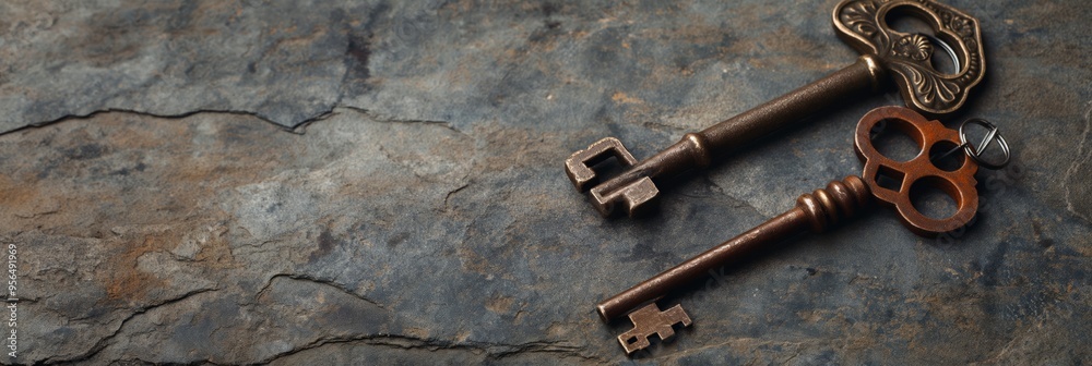 Two finely crafted antique keys resting on an old, weathered stone surface, evoking a sense of history, mystery, and the allure of secrets from bygone eras. Two finely crafted antique keys resting on an old, weathered stone surface, evoking a sense of history, mystery, and the allure of secrets from bygone eras.