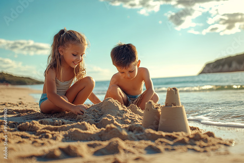 Boy and girl playing on the beach on summer holidays. Children building a sandcastle at the sea
 photo