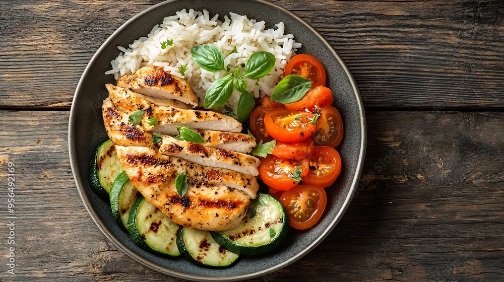 Grilled chicken has rice and zucchini carrot tomato in plate on wood background top view healthy food concept : Generative AI Grilled chicken has rice and zucchini carrot tomato in plate on wood background top view healthy food concept : Generative AI