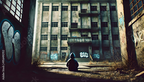 Abandoned kid sitting alone at abandoned building area. 