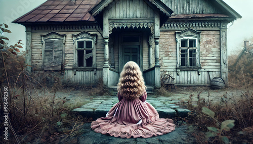 Abandoned girl sitting alone at abandoned house.