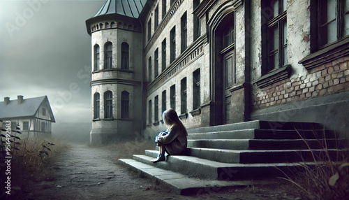 Abandoned kid sitting alone at abandoned building area. 