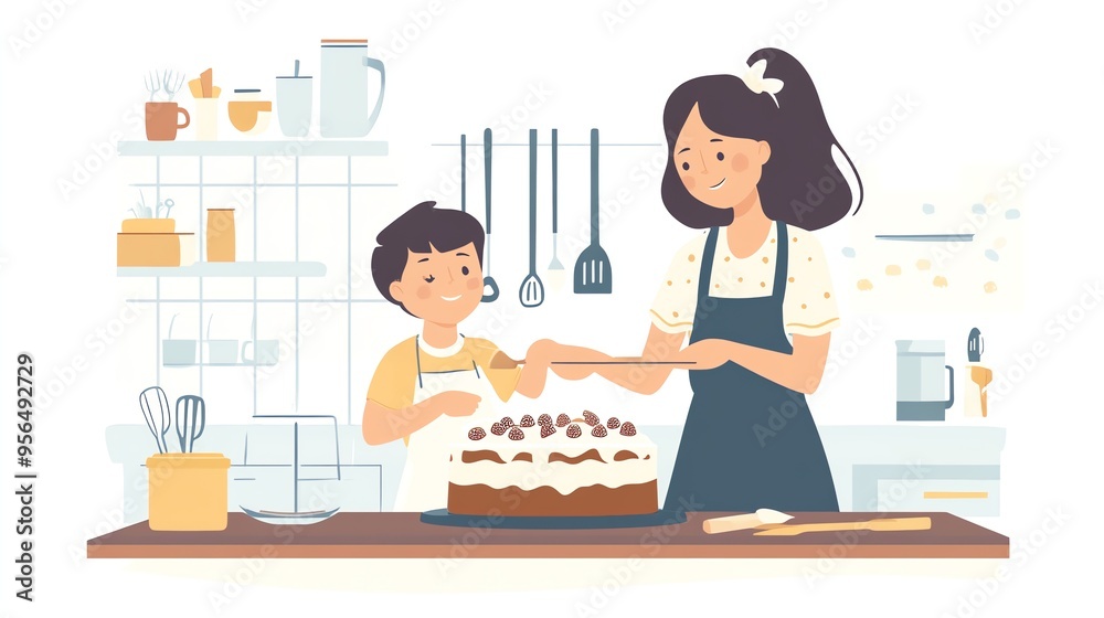Mom and son decorate a delicious cake together in the kitchen. Mom and son decorate a delicious cake together in the kitchen.