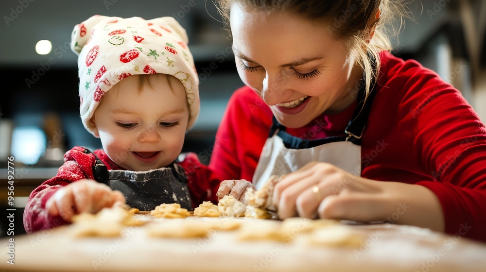 Mother and baby daughter are baking cookies in the kitchen. Mother and baby daughter are baking cookies in the kitchen.